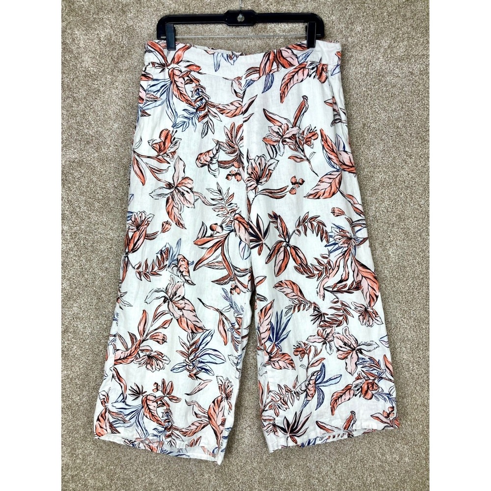 Tahari 100% Linen Floral Tropical Wide Leg Crop Pants Women XL White Orange Boho